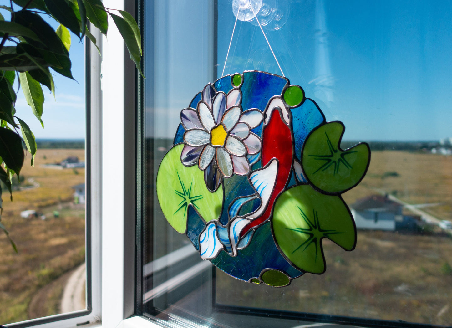 Stained Glass Koi Fish Pattern: Water Lilies & Lotus Window Panel (Digital Download)