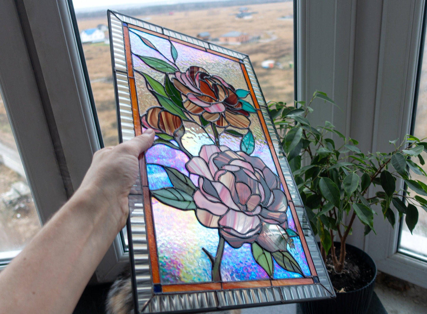 Stained Glass Window Panel — Pink Peony Flowers, Floral Window Hanging, Mothers Day Gift