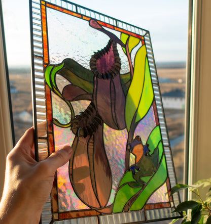 Nepenthes Pitcher Plant Stained Glass Panel — Blue Frog Carnivorous Plant, Botanical Window Art