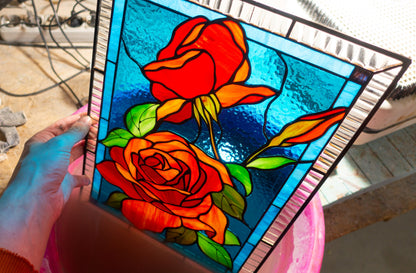 Red Roses Stained Glass Panel — Romantic Floral Window Art, Anniversary Valentine Gift Her