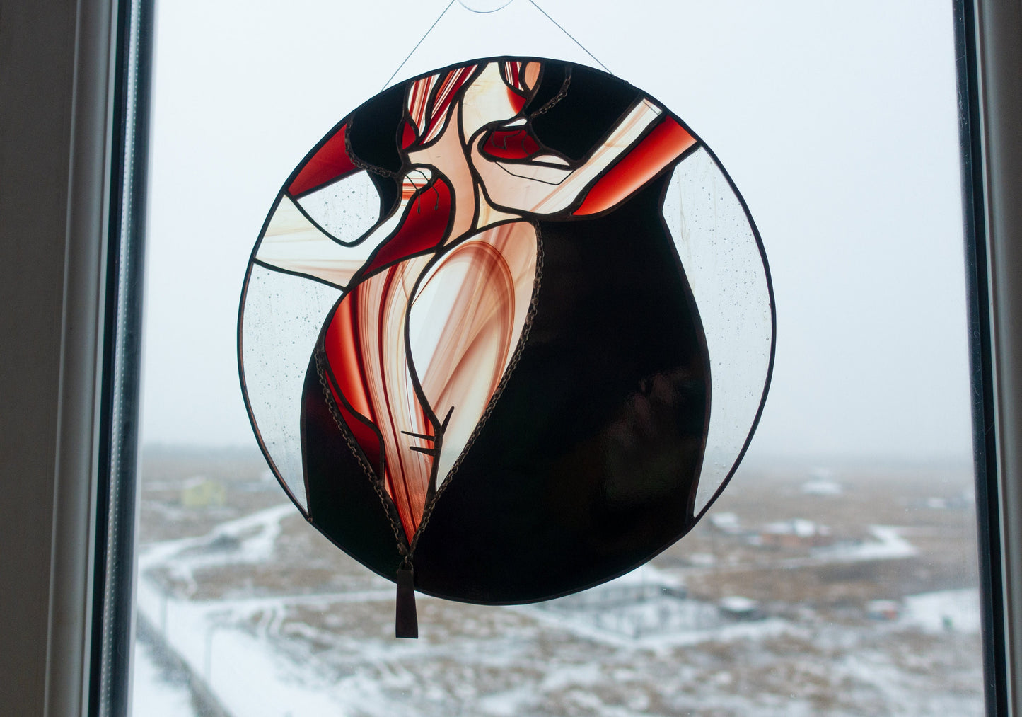 Elegant Woman Round Stained Glass Panel — Feminine Figure Iridescent Window Art, Gift for Her