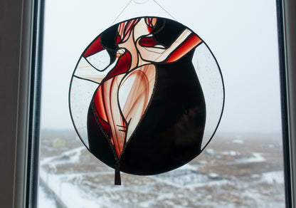 Elegant Woman Round Stained Glass Panel — Feminine Figure Iridescent Window Art, Gift for Her