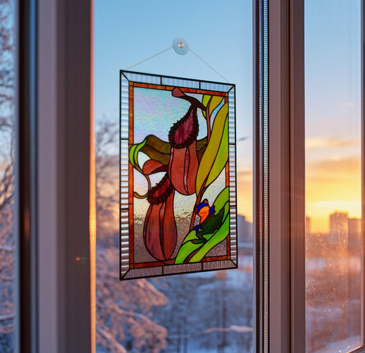 Nepenthes Pitcher Plant Stained Glass Panel — Blue Frog Carnivorous Plant, Botanical Window Art
