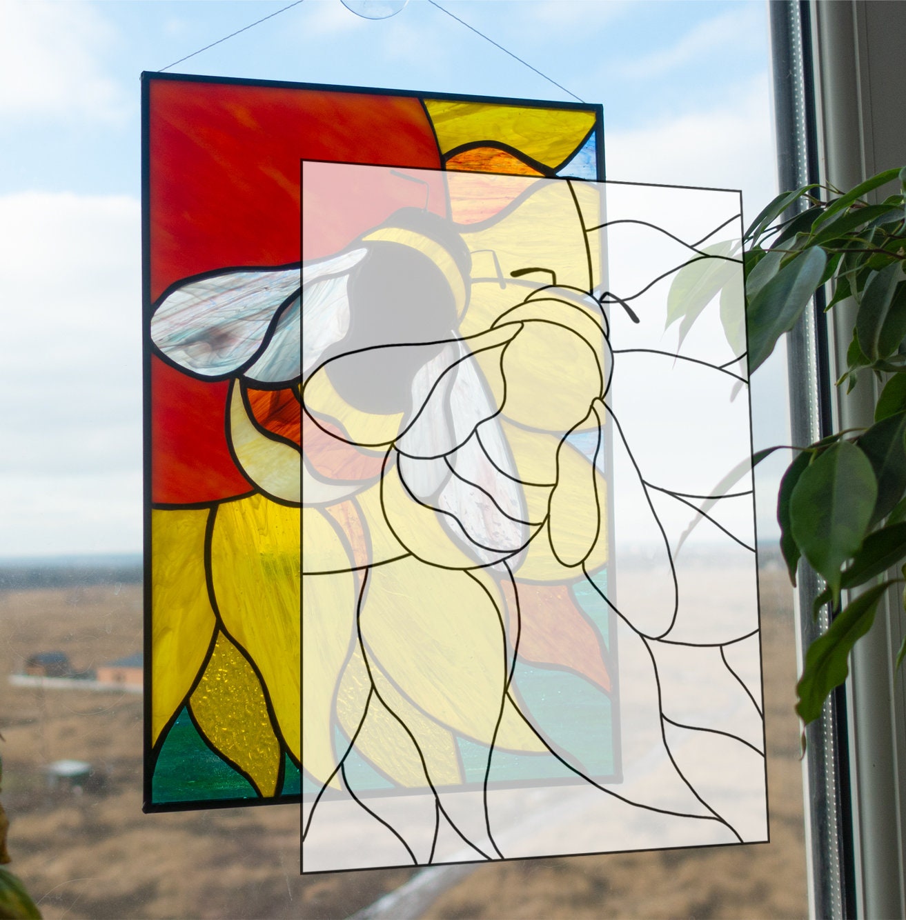 Bee on Sunflower Stained Glass Pattern — Floral DIY Suncatcher Window Panel Template, psd Download