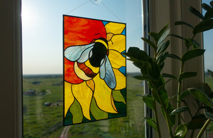 Bee on Sunflower Stained Glass Pattern — Floral DIY Suncatcher Window Panel Template, psd Download
