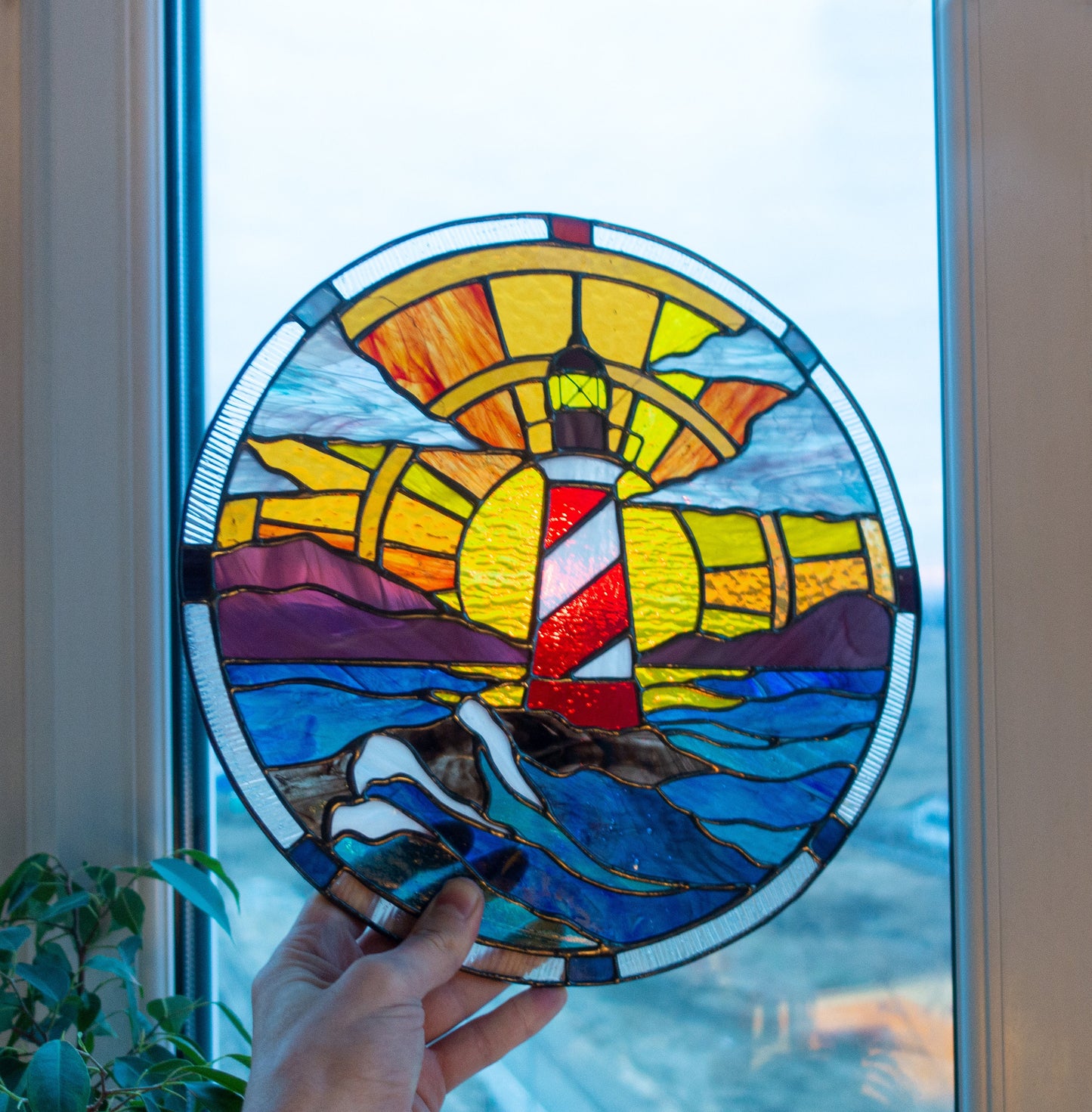 Stained Glass Panel — Lighthouse Coastal Scene, Round Window Hanging, Sailor Beach Gift
