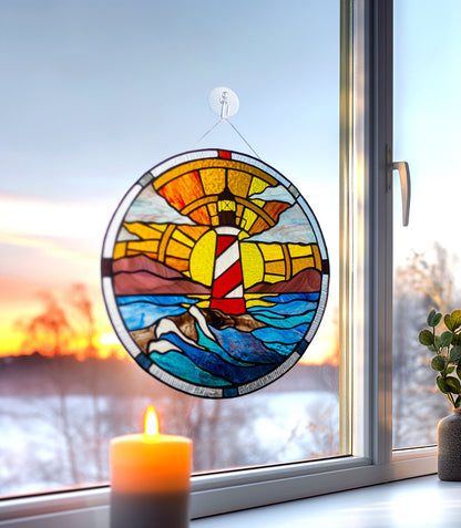 Stained Glass Panel — Lighthouse Coastal Scene, Round Window Hanging, Sailor Beach Gift
