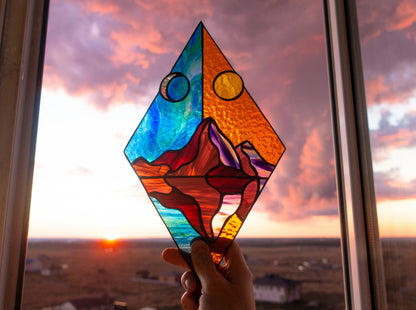 Stained Glass Suncatcher — Day and Night Mountain Rhombus, Geometric Window Art, Nature Gift