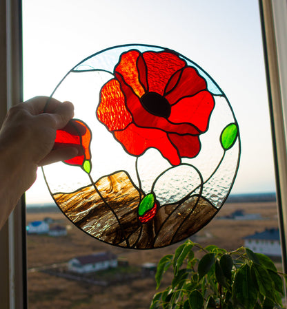 Red Poppy Stained Glass Suncatcher — Round Floral Window Hanging, Flower Lover Gift