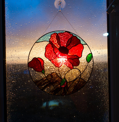 Red Poppy Stained Glass Suncatcher — Round Floral Window Hanging, Flower Lover Gift