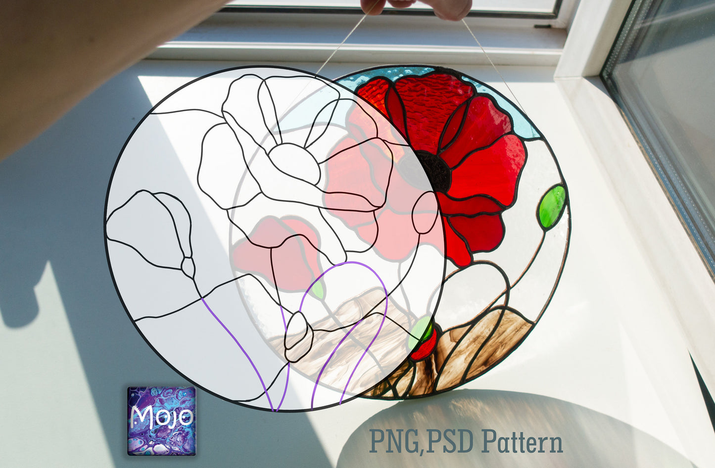 Digital pattern jpeg, PSD Red poppies round Stained glass Window panel