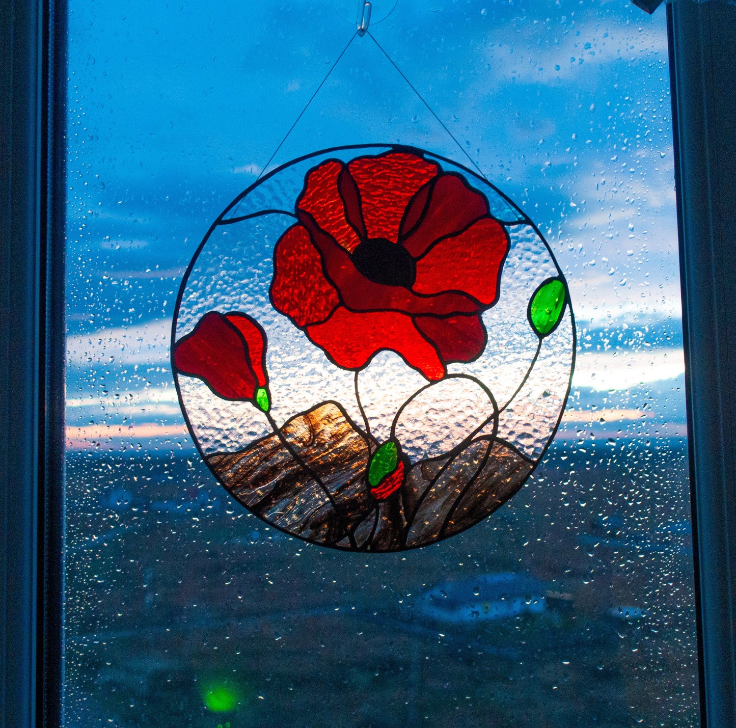 Digital pattern jpeg, PSD Red poppies round Stained glass Window panel