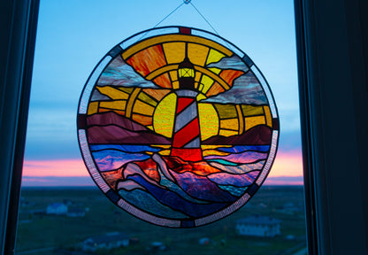 Stained Glass Panel — Lighthouse Coastal Scene, Round Window Hanging, Sailor Beach Gift