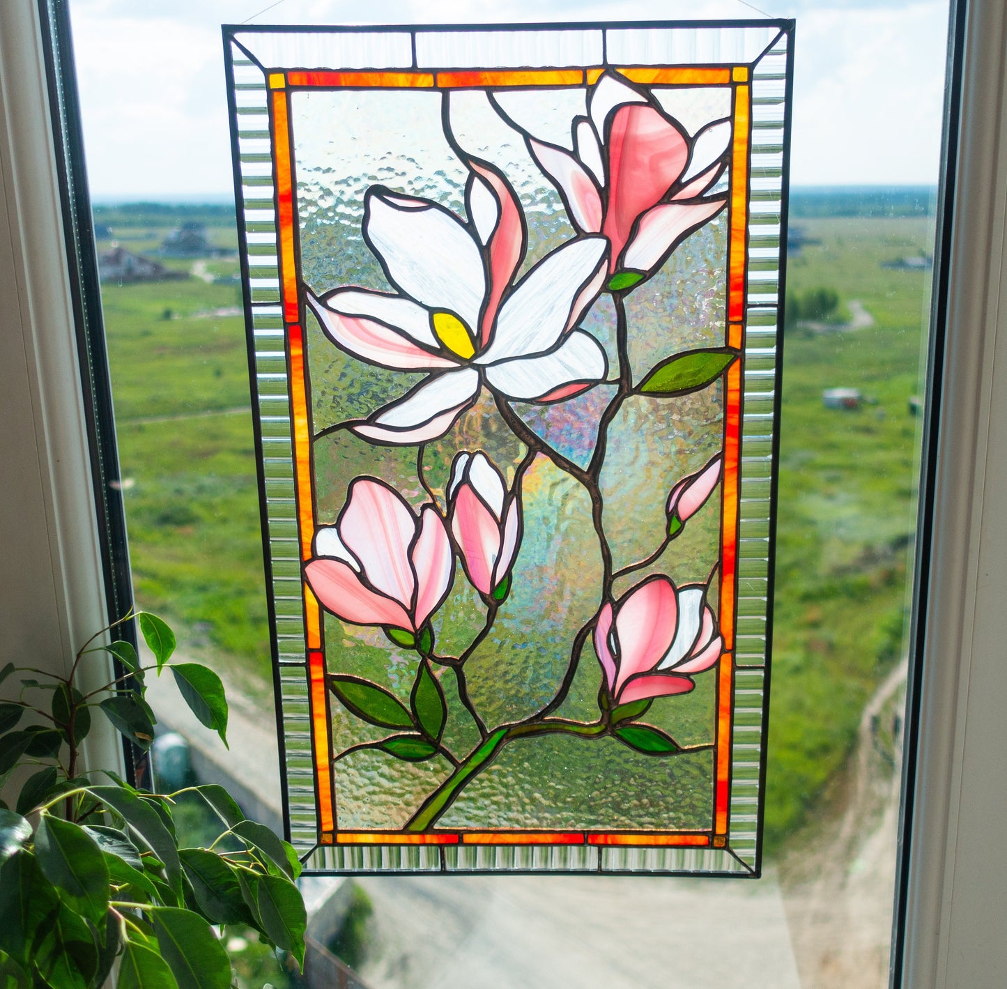 Stained Glass Window Panel — Pink Magnolia Flowers, Floral Window Hanging, Mothers Day Gift