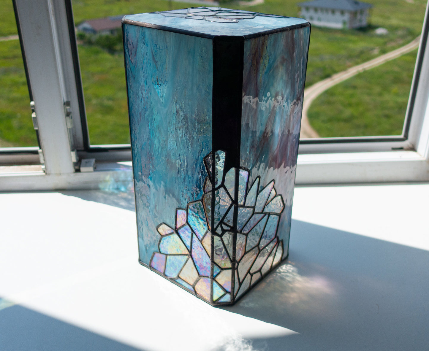 Geometric Stained Glass Lamp — Handmade Octagon Art Deco Light, Custom Table or Wall Lamp