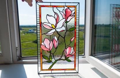 Stained Glass Window Panel — Pink Magnolia Flowers, Floral Window Hanging, Mothers Day Gift