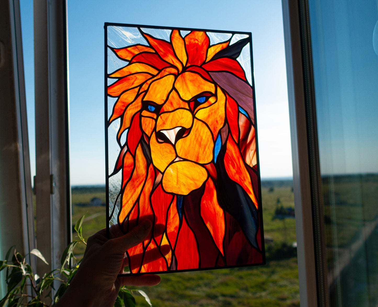 Stained Glass Panel — Abstract Geometric Lion, Boho Leo Window Hanging, Leo Birthday Gift