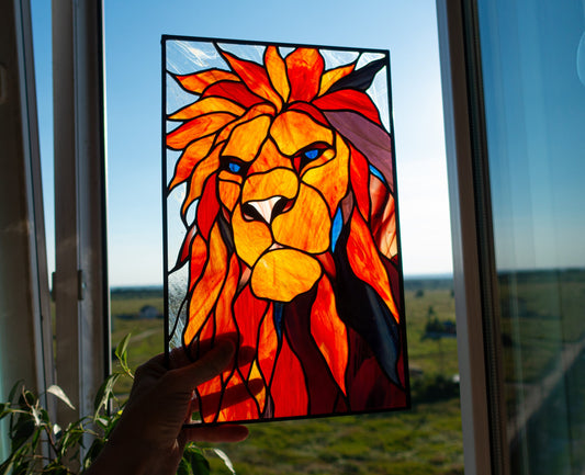 Stained Glass Panel — Abstract Geometric Lion, Boho Leo Window Hanging, Leo Birthday Gift