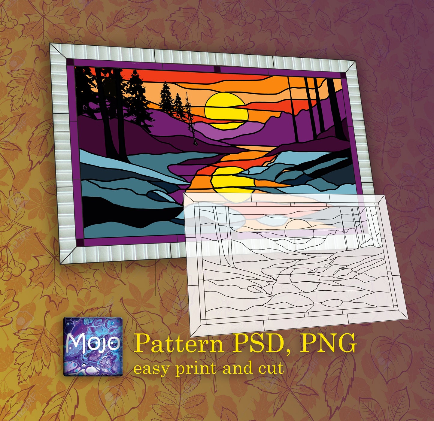Stained Glass Mountain Sunset Pattern: PSD Window Panel (Digital Download)