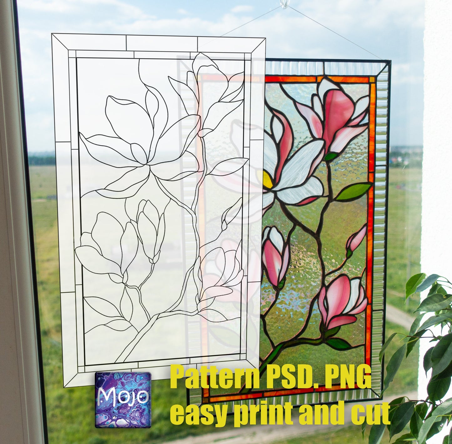 Digital pattern PSD magnolia Stained glass Window panel