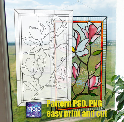 Digital pattern PSD magnolia Stained glass Window panel