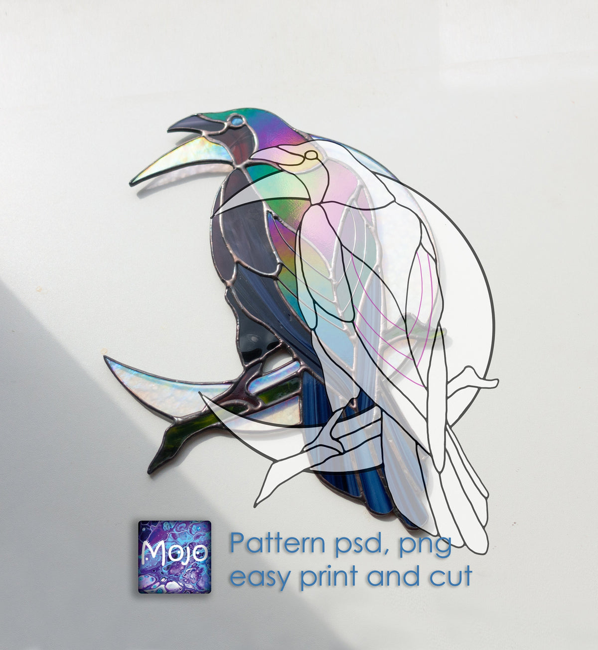 Crow Raven and the Moon — Stained Glass Pattern (SVG, PSD)