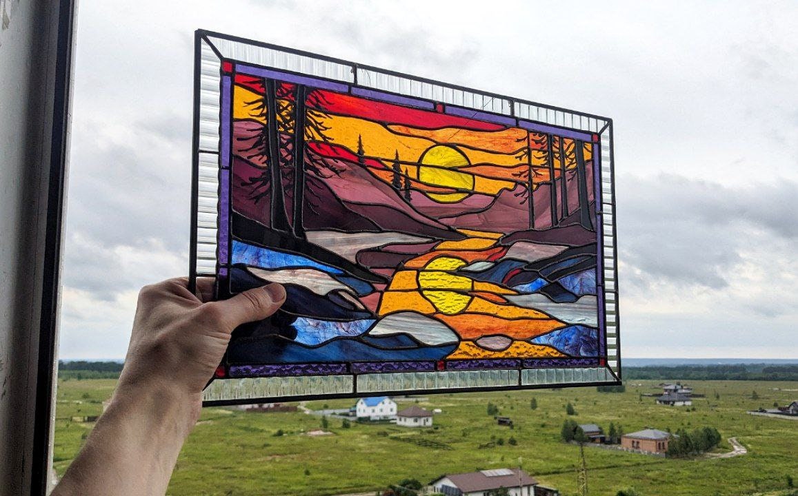 Stained Glass Mountain Sunset Pattern: PSD Window Panel (Digital Download)