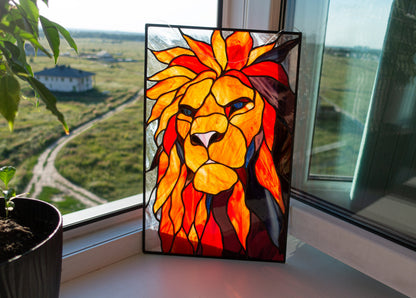 Stained Glass Panel — Abstract Geometric Lion, Boho Leo Window Hanging, Leo Birthday Gift