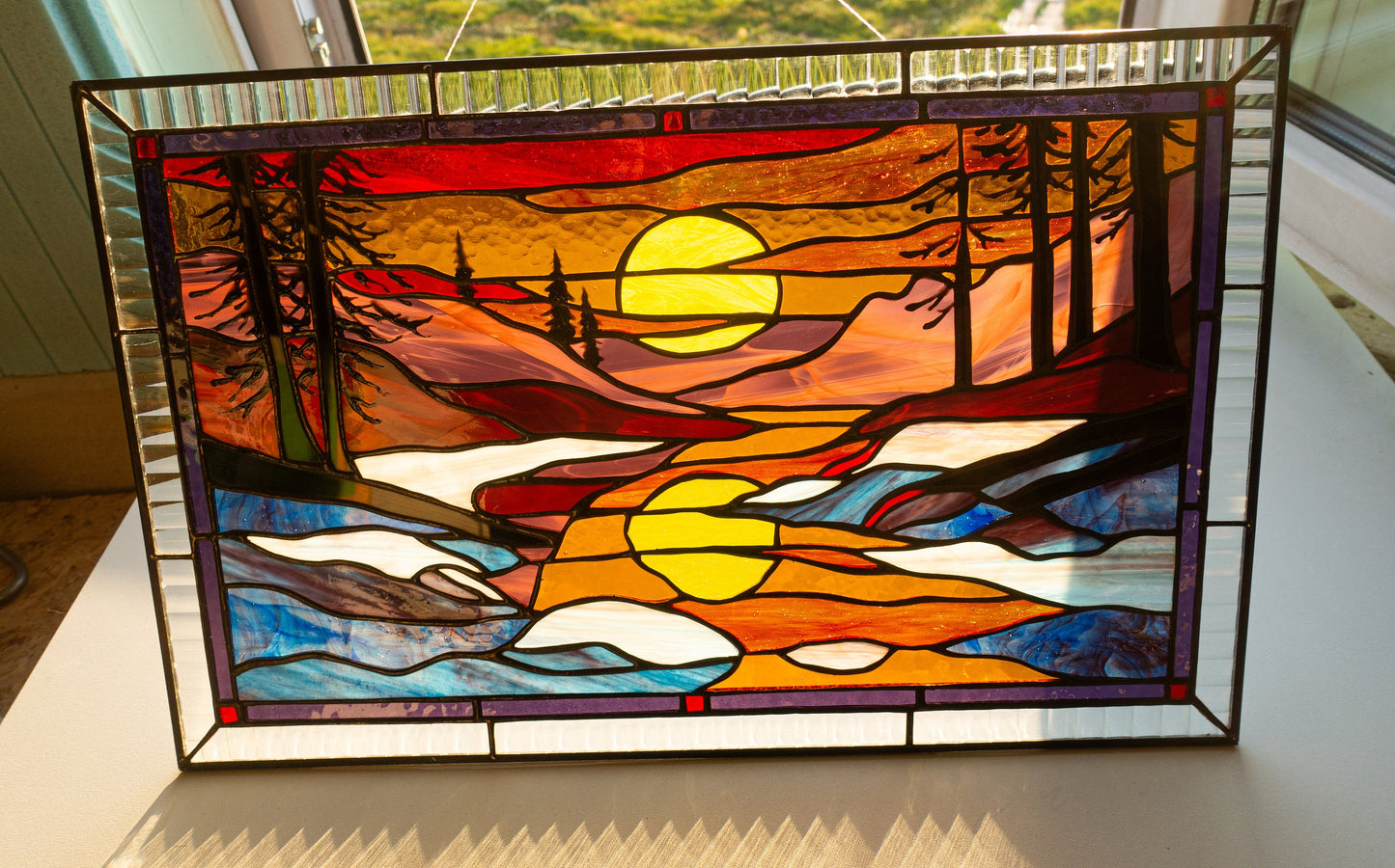 Stained Glass Window Panel — Landscape Mountain Sunset, Large Window Hanging, Housewarming Gift