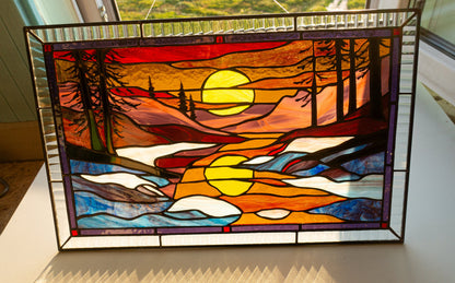 Stained Glass Window Panel — Landscape Mountain Sunset, Large Window Hanging, Housewarming Gift