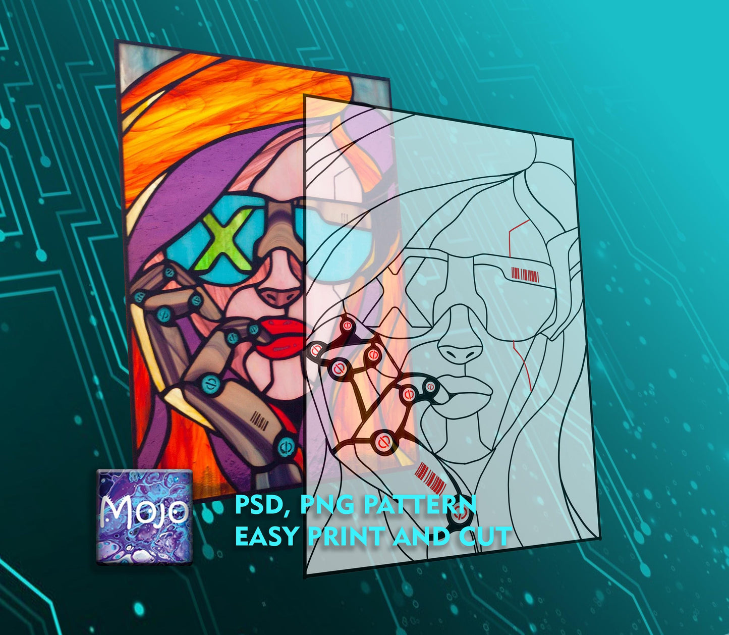Cyberpunk Girl Stained Glass Pattern — Redhead DIY Suncatcher Template, svg psd Download