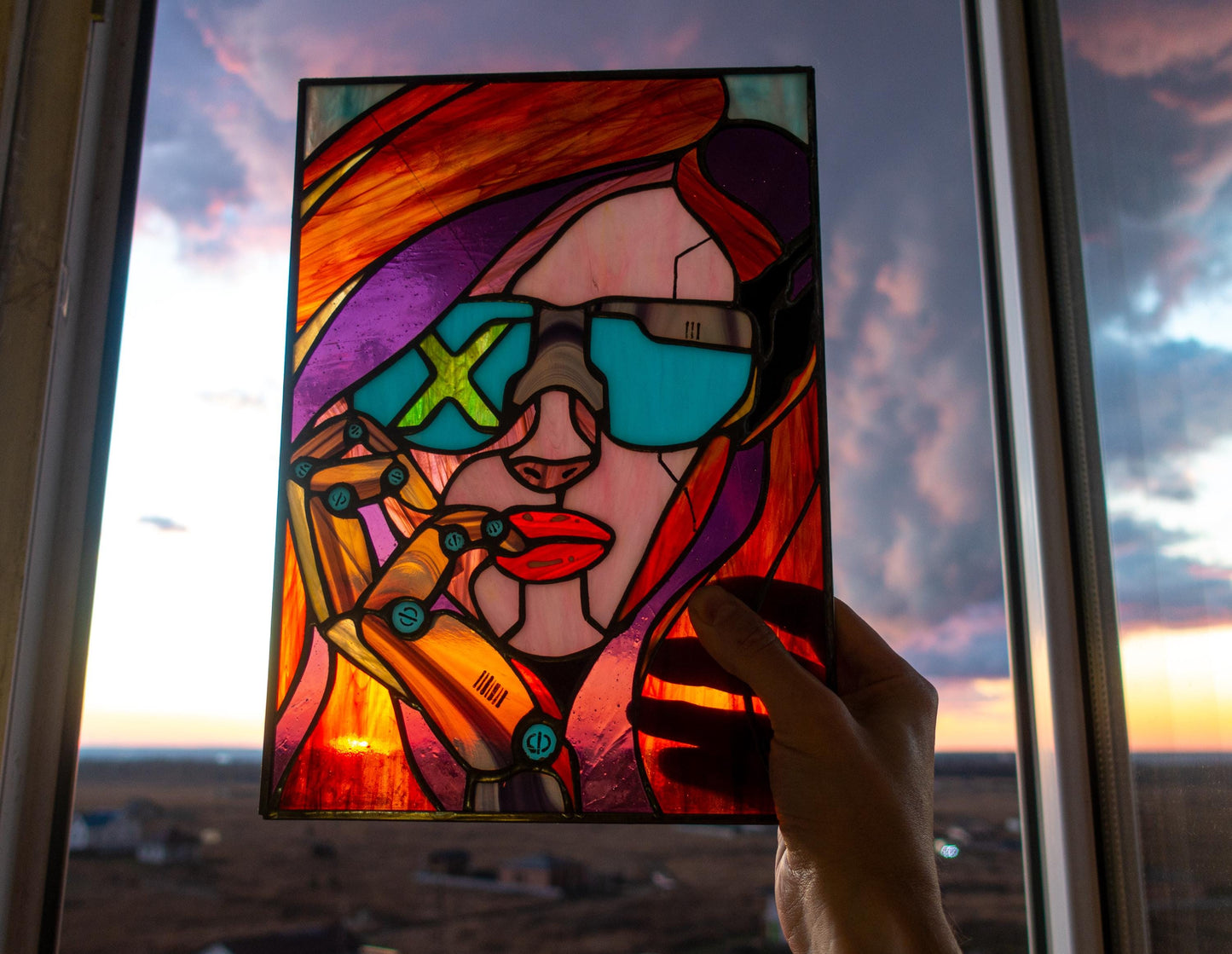 Cyberpunk Girl Stained Glass Pattern — Redhead DIY Suncatcher Template, svg psd Download