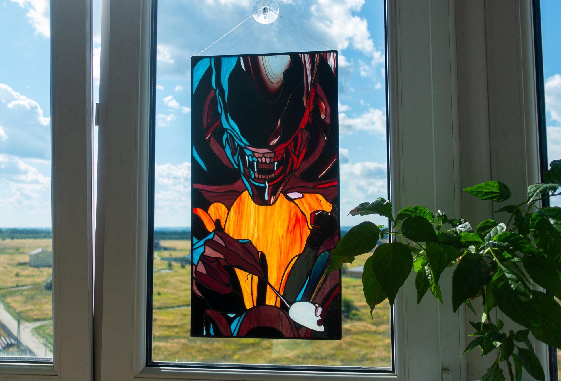Alien Monster and Kitten Handmade Stained Glass Panel — Sci-Fi Cute Wall Art Gift