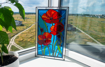 Red Poppies Stained Glass Panel — Wildflower Window Hanging, August Birth Flower Gift Her