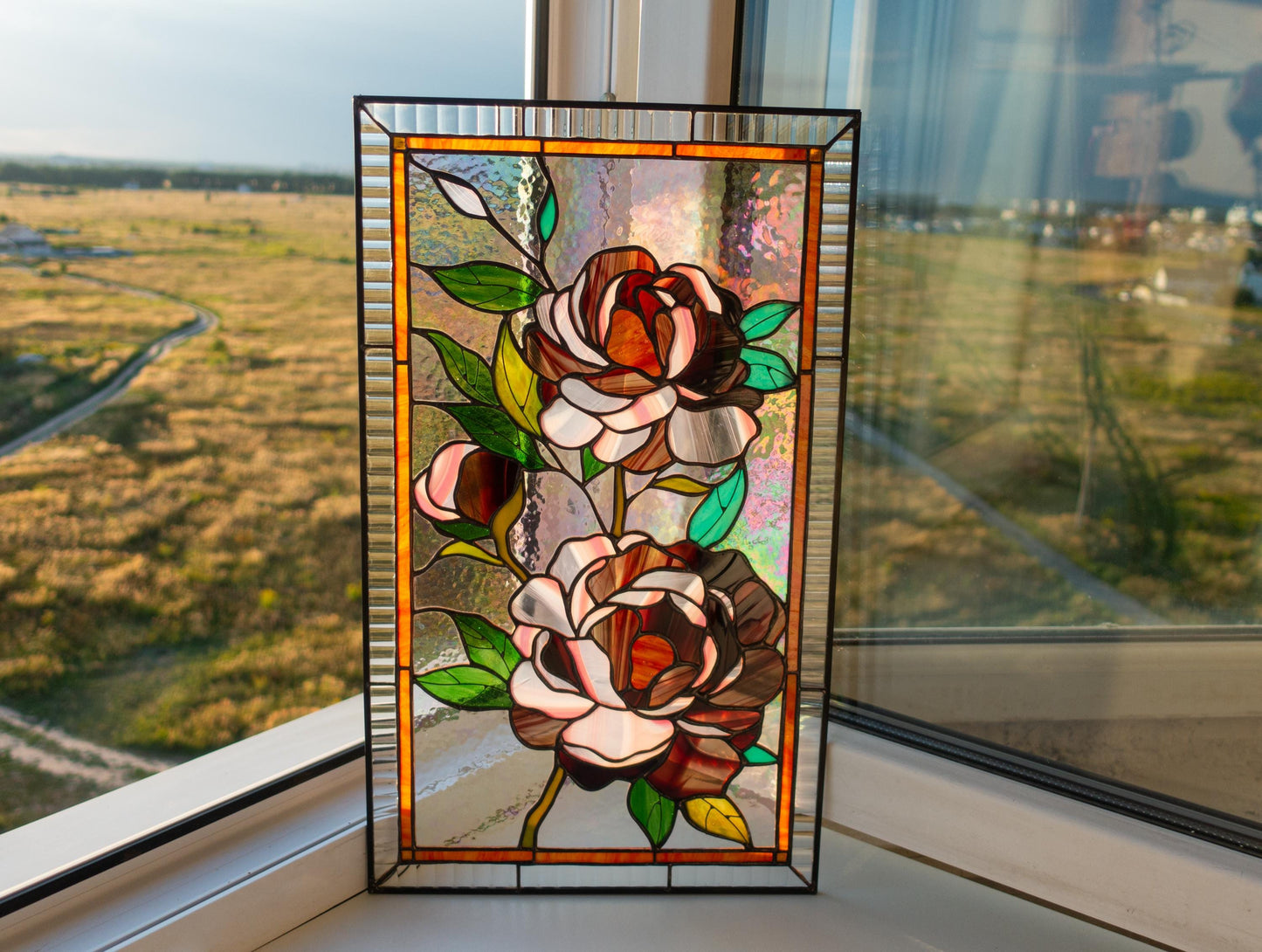 Stained Glass Window Panel — Pink Peony Flowers, Floral Window Hanging, Mothers Day Gift