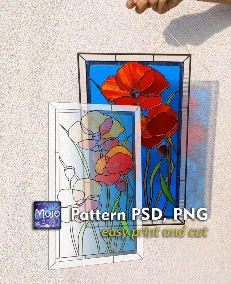 Red Poppies Stained Glass Pattern — Floral DIY Suncatcher Window Panel Template, svg psd Download