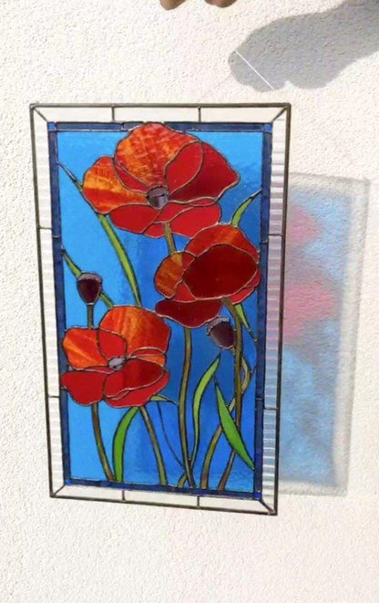 Red Poppies Stained Glass Pattern — Floral DIY Suncatcher Window Panel Template, svg psd Download