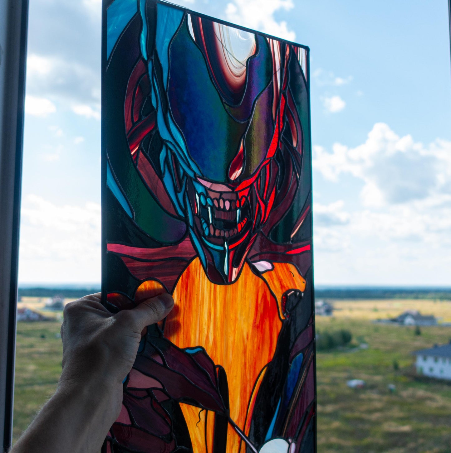 Alien Monster and Kitten Stained Glass Panel — Sci-Fi Creature Cat Window Art, Weird Home Gift