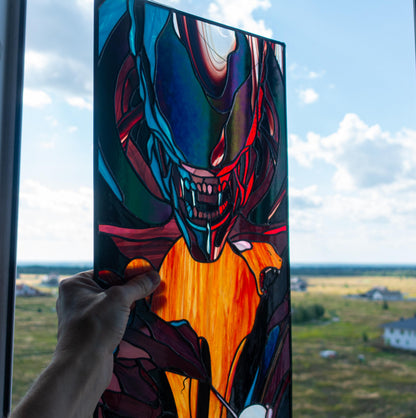 Alien Monster and Kitten Stained Glass Panel — Sci-Fi Creature Cat Window Art, Weird Home Gift
