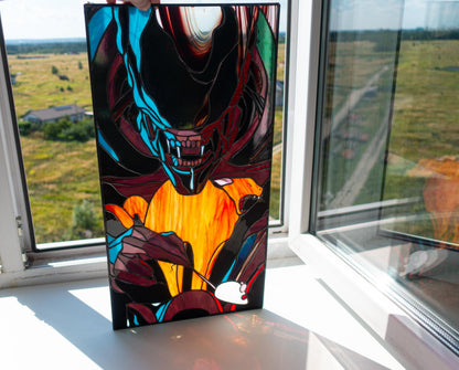 Alien Monster and Kitten Stained Glass Panel — Sci-Fi Creature Cat Window Art, Weird Home Gift