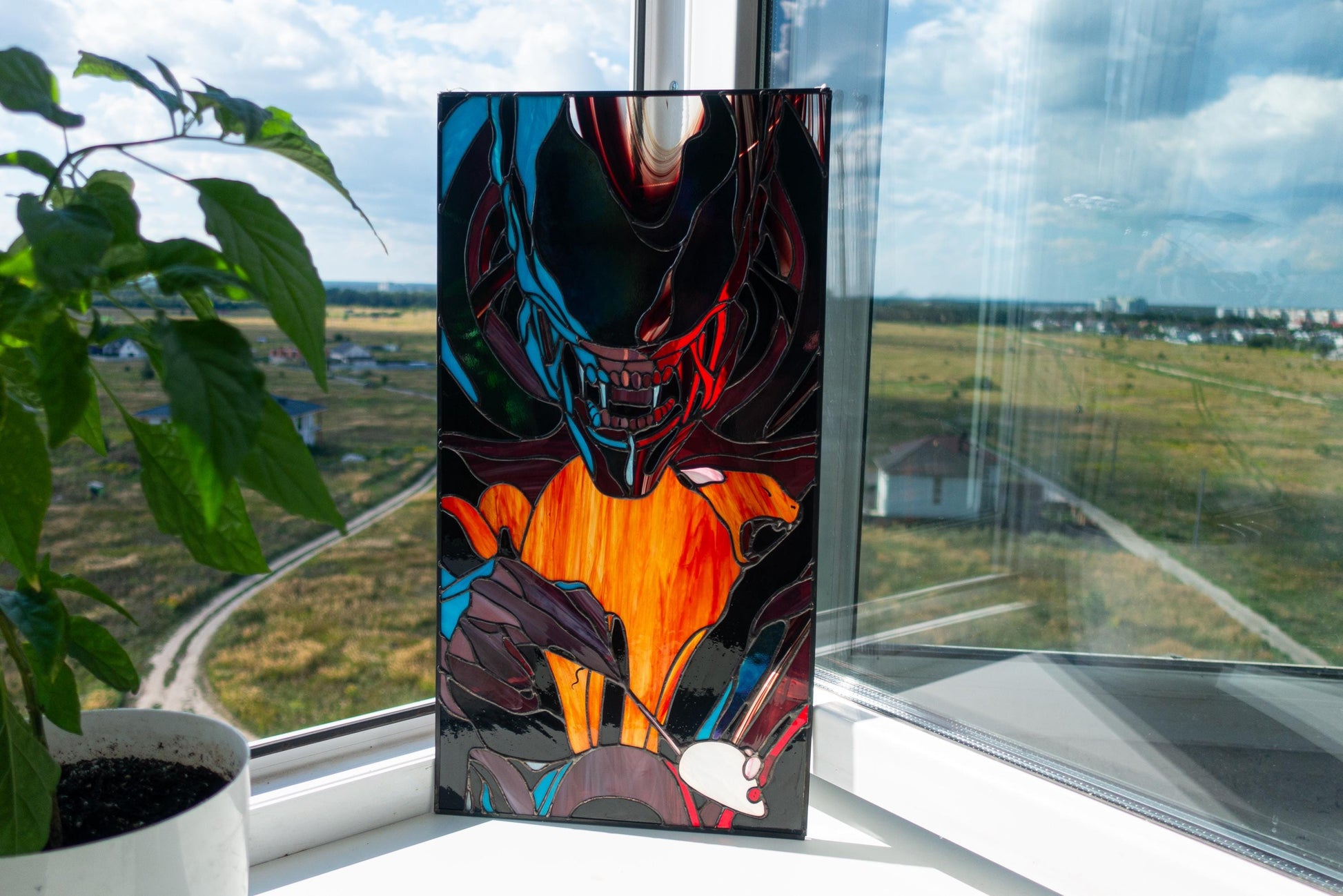 Handmade Stained Glass Alien Monster Kitten Panel — Funny Sci-Fi Home Decor Window Art