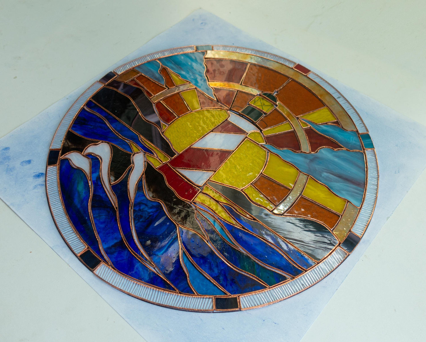 Stained Glass Window Panel — Lighthouse Coastal Landscape, Round Window Hanging, Beach House Gift