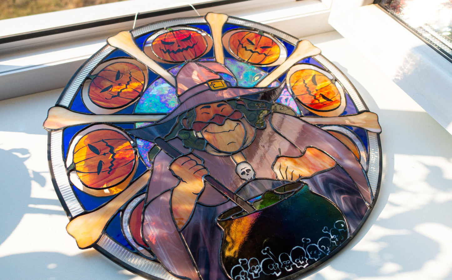 Halloween Witch Cauldron Stained Glass Ornament — Large Round Window Art, Spooky Witchy Gift