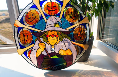 Halloween Witch Cauldron Stained Glass Ornament — Large Round Window Art, Spooky Witchy Gift