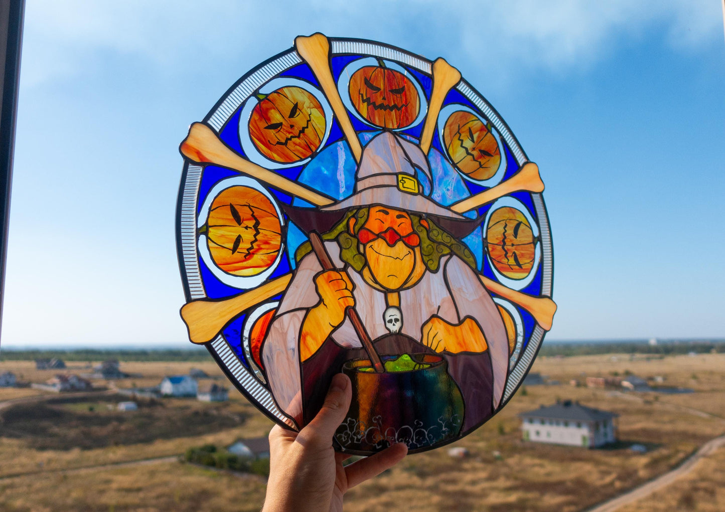Halloween Witch Cauldron Stained Glass Ornament — Large Round Window Art, Spooky Witchy Gift