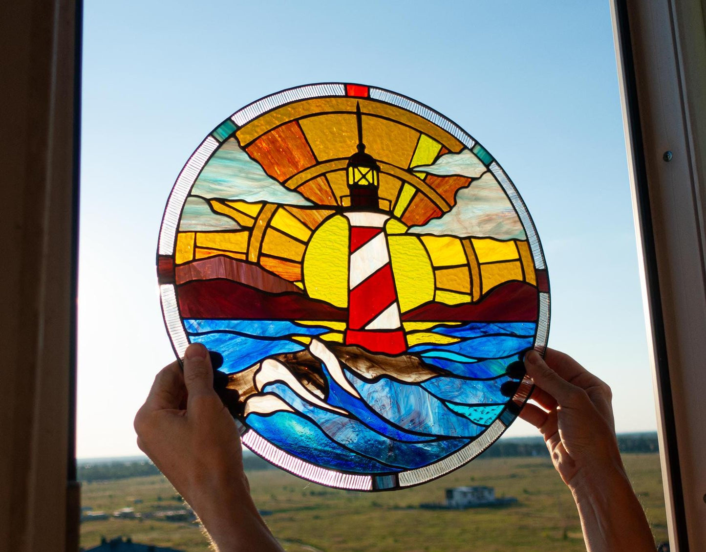 Stained Glass Window Panel — Lighthouse Coastal Landscape, Round Window Hanging, Beach House Gift