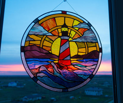 Stained Glass Window Panel — Lighthouse Coastal Landscape, Round Window Hanging, Beach House Gift
