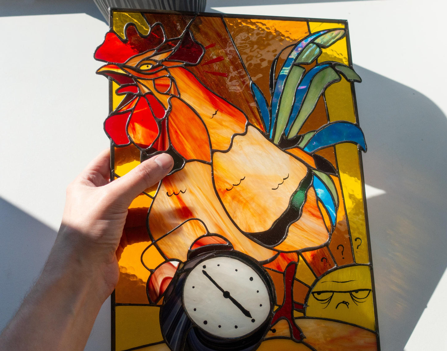 Stained Glass Panel — Funny Rooster Wakes the Sun, Farmhouse Kitchen Decor, Morning Person Gift