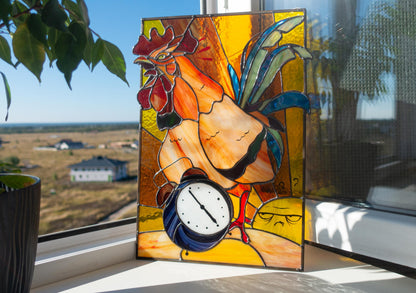 Stained Glass Panel — Funny Rooster Wakes the Sun, Farmhouse Kitchen Decor, Morning Person Gift