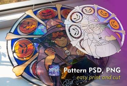 Halloween Witch Cauldron Stained Glass Pattern — Spooky Round DIY Suncatcher Template, svg psd Download
